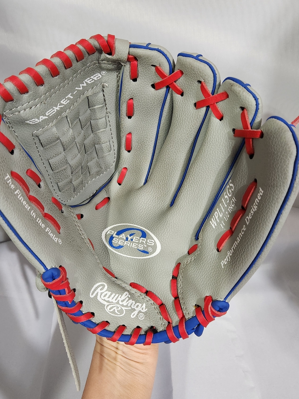 Rawlings Gray Baseball Glove with Red and Blue Laces
